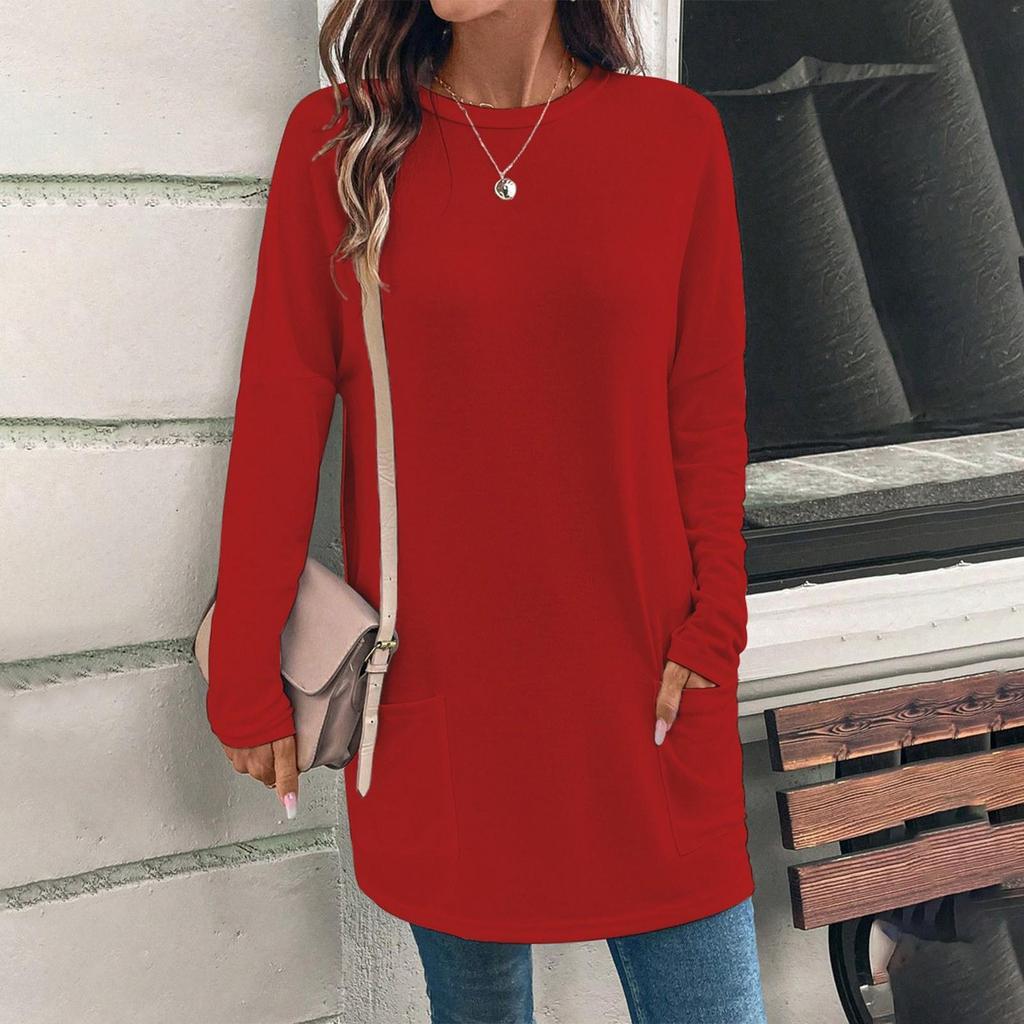 Blusa informal de manga larga con cuello redondo y bolsillos de color liso a la moda para mujer