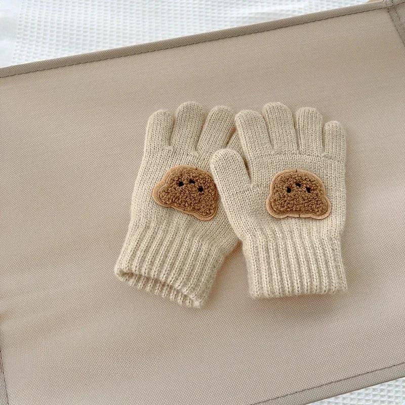 3-7Y Baby Cartoon Bear Mittens Winter Warm Kids Girl Solid Doll Gloves Knitted Children Toddler Thick Teething Mitten Handschoen