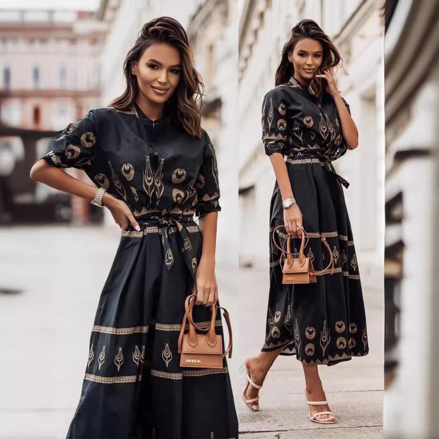 New Dress Autumn Floral Tie-Up Waist Dress for Women