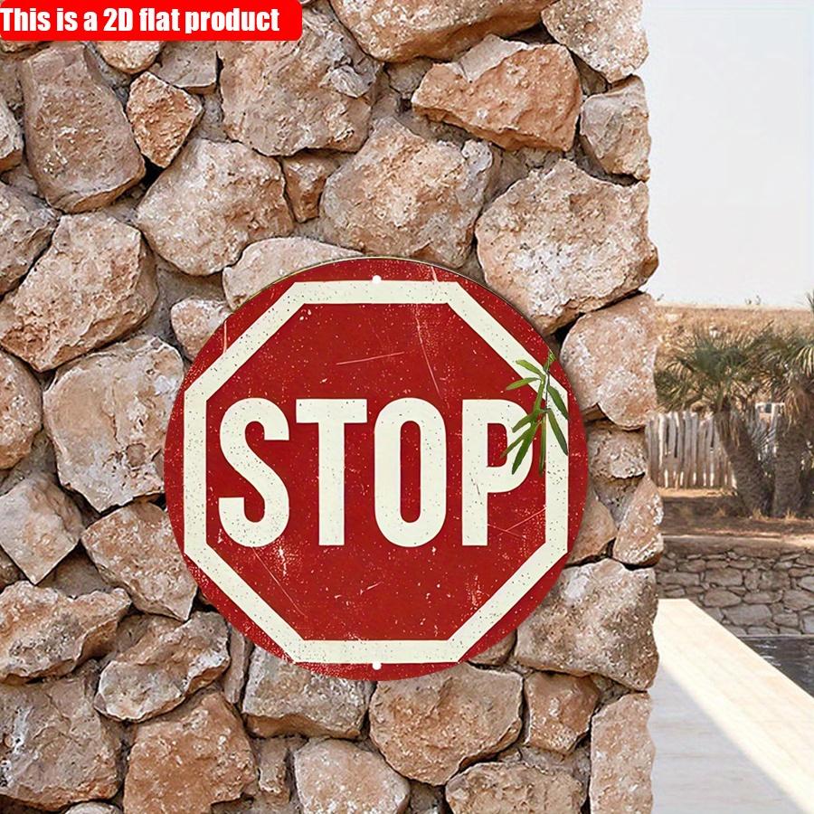 2D, flach, 20 x 20 cm, 1 Stück, Stoppschild im Vintage-Stil, zum Aufhängen an der Wand, rundes Retro-Verkehrsschild-Ornament, ideal für Bar, Café, Parkplatz und Hinterhof-Dekoration