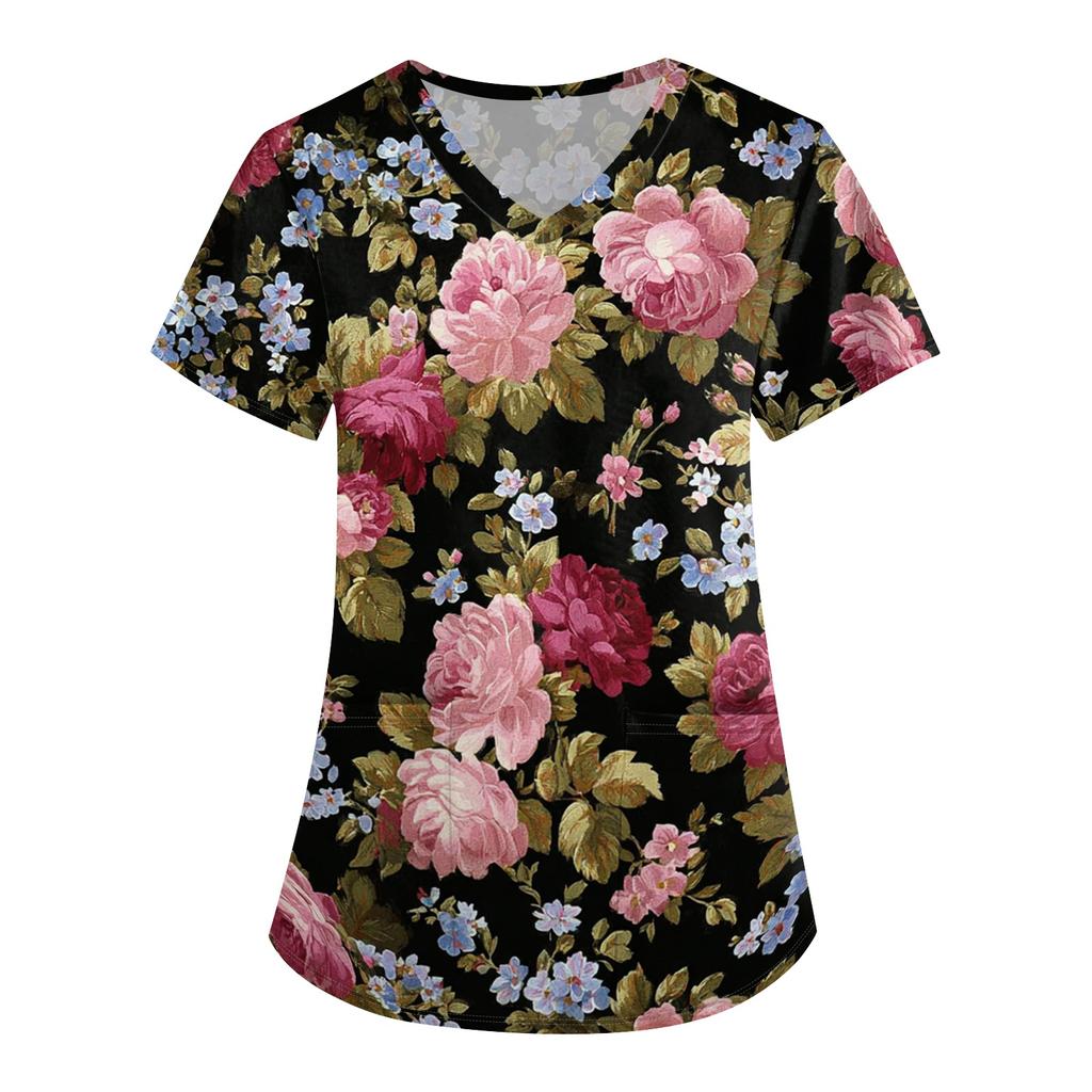 Top da Lavoro Stampato da Donna con Scollo a V, Vestibilità Larga, Manica Corta, con Tasca, Fantasia Floreale, Leggero, Camicia da Uniforme per Infermieri