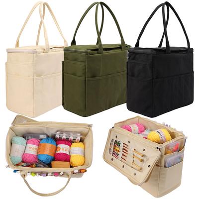 Canvas Yarn Storage Bag Large Capacity Knitting Bag Solid Crochet Bag with Multi-layer Pockets for Hooks Knitting Needles