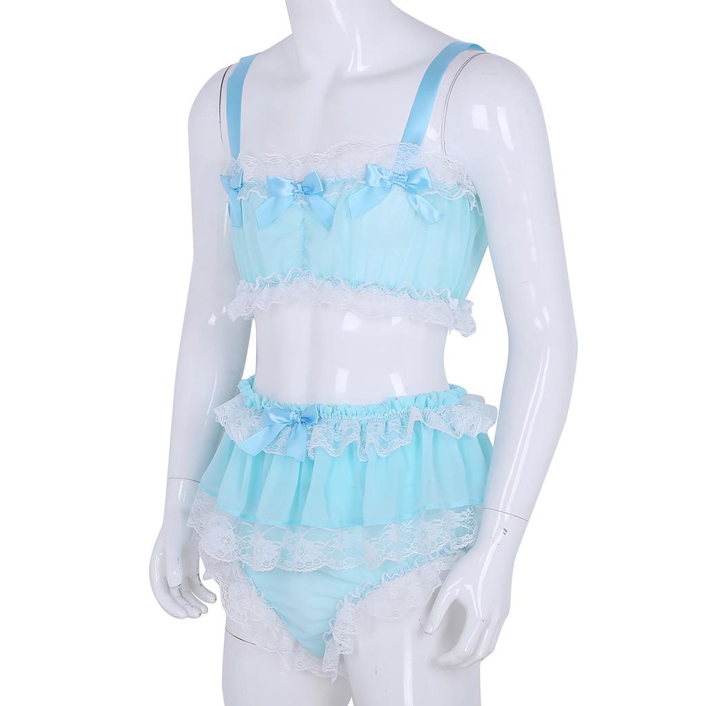 2Pcs Mens Ruffled Lace Sheer Chiffon Sissy Lingerie Set Bra Top with Skirted Petticoated Panties