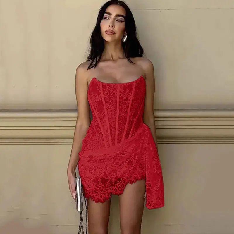 

Fashion Sexy Sexy Lace Mesh Patchwork Fishbone Silm Dress Tube Top Slim Fit Skirt Lace Dress Red S
