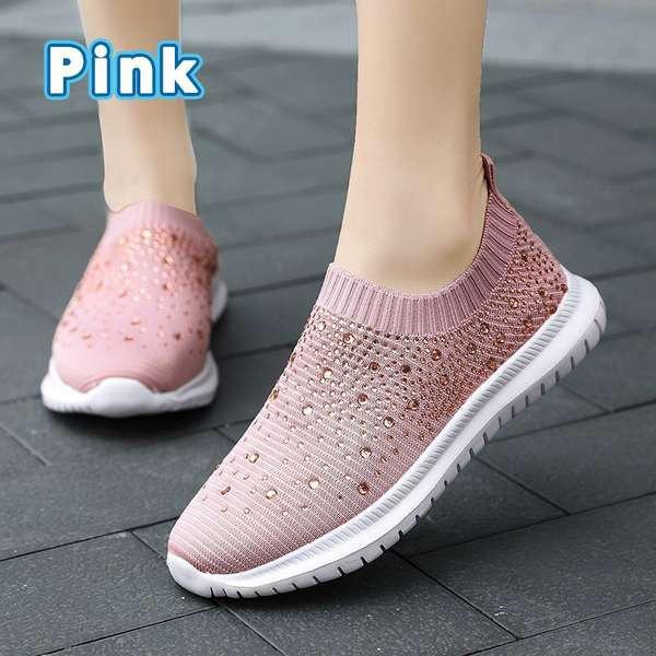 Fashion Women Flat Shoes Knitted Shoes Breathable Mesh Sneakers Crystals Sparkly Sock Shoes Casual Lightweight Walking Shoes