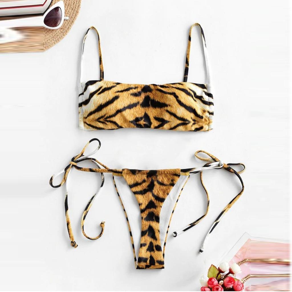 Women Leopard  Print High Waist Two Pieces Bikini Swimwear Swimsuit Beachwear