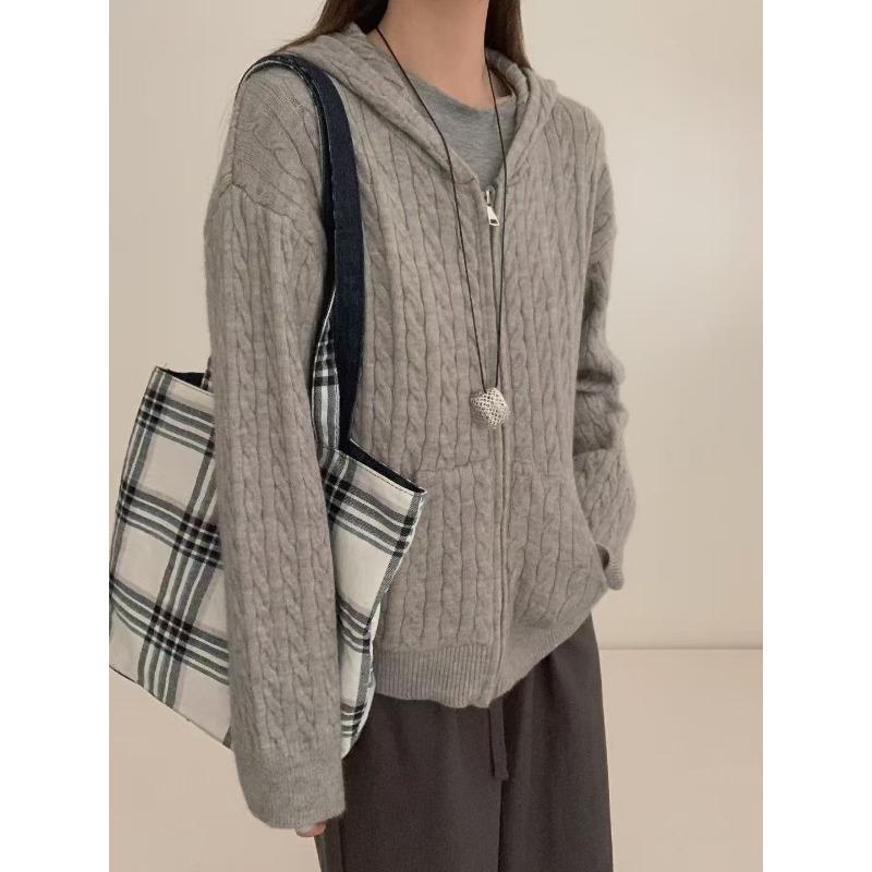 

Винтажный свитер на молнии с косами, женский осенне-зимний новый ленивый стиль, свободный и универсальный вязаный кардиган-топ one size fits all