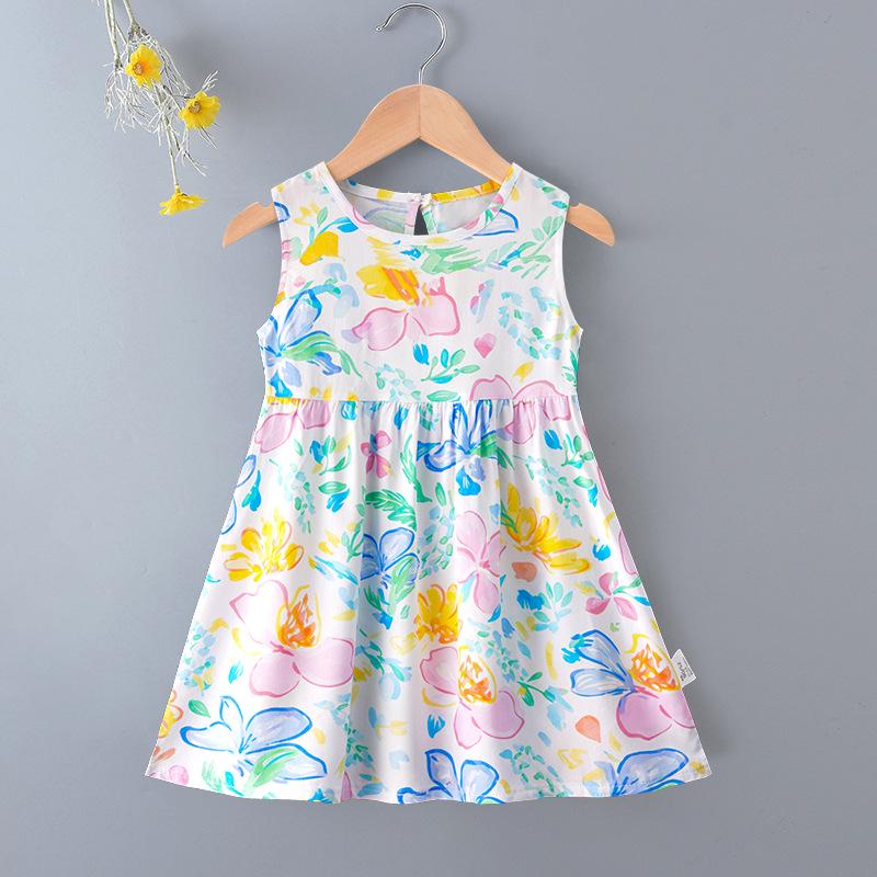 Girls' Floral Summer Princess Beach Dress, Cotton Silk Tank, A-line Skirt