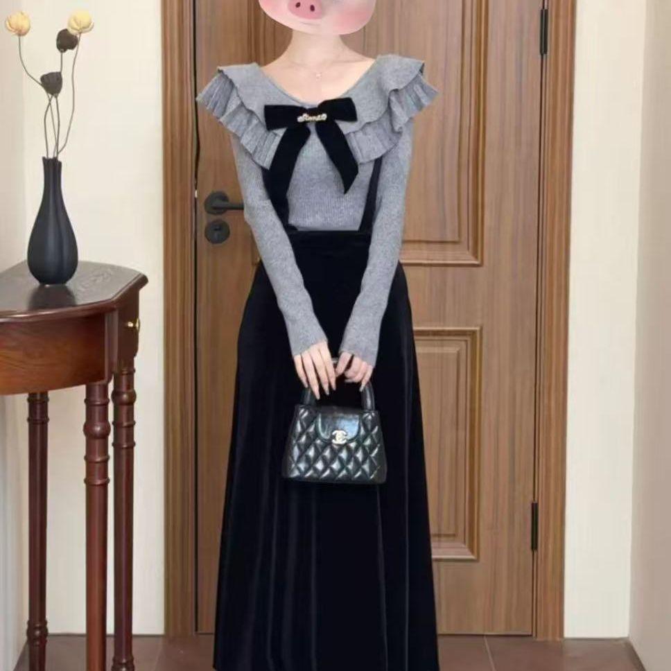 Women's Korean Style Autumn Ruffle Gold Velvet Strap Dress & Grey Knit Long Skirt Set