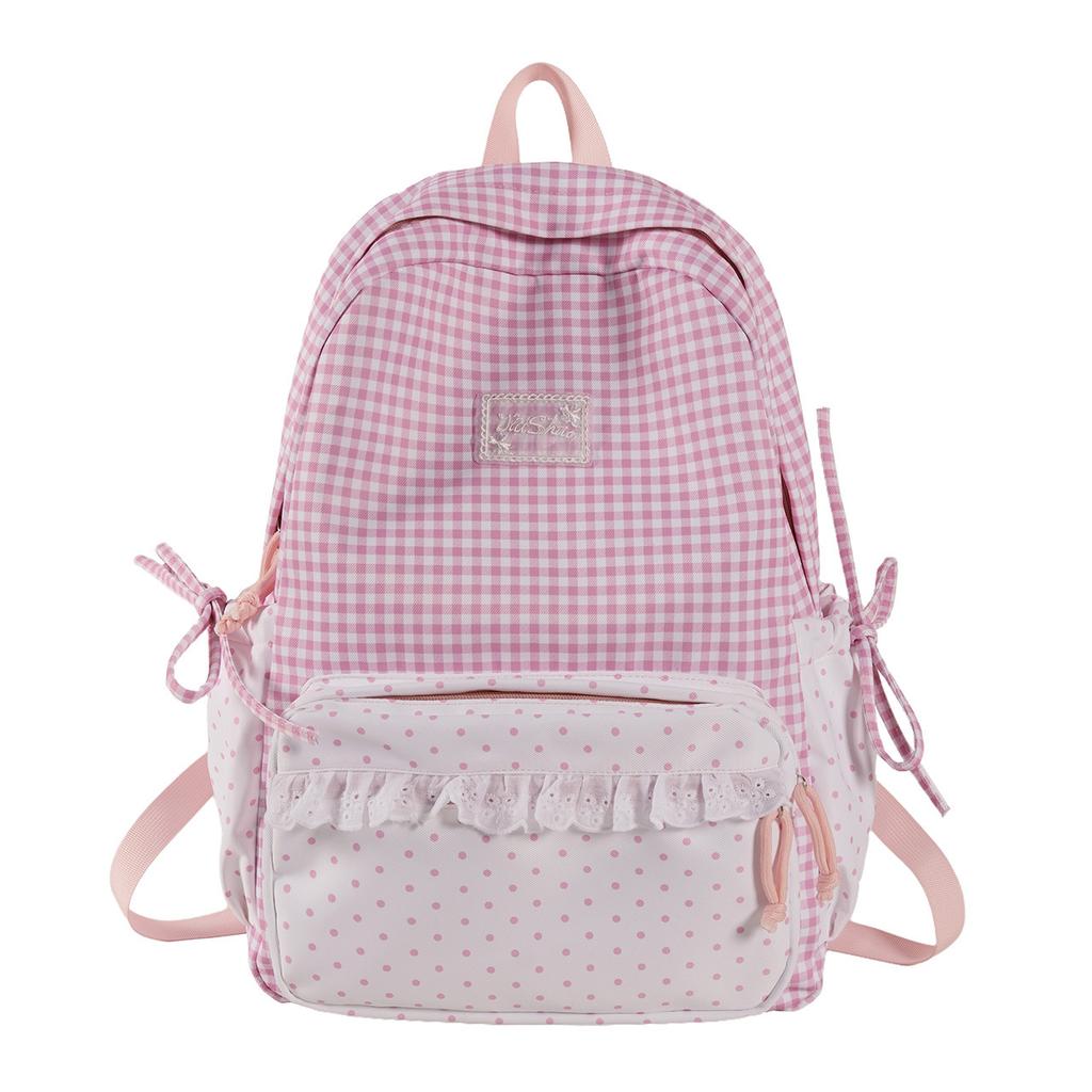 Schoolbag Korean ins Fresh Plaid Polka Dot Backpack Girl Heart Lace Small School Bag Junior High School College Student Commuter Bag