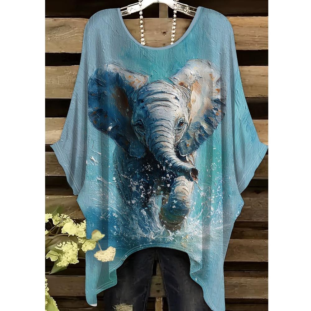 Women's short-sleeved T-shirt with elephant print, irregular hem design, four-season digital print