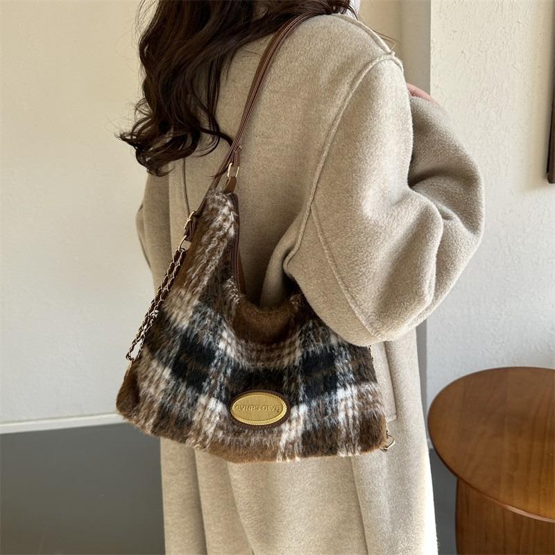 Woolen Women's Bags, New Shoulder Bags, Fashionable Plaid Handbags, Sweet Bags.