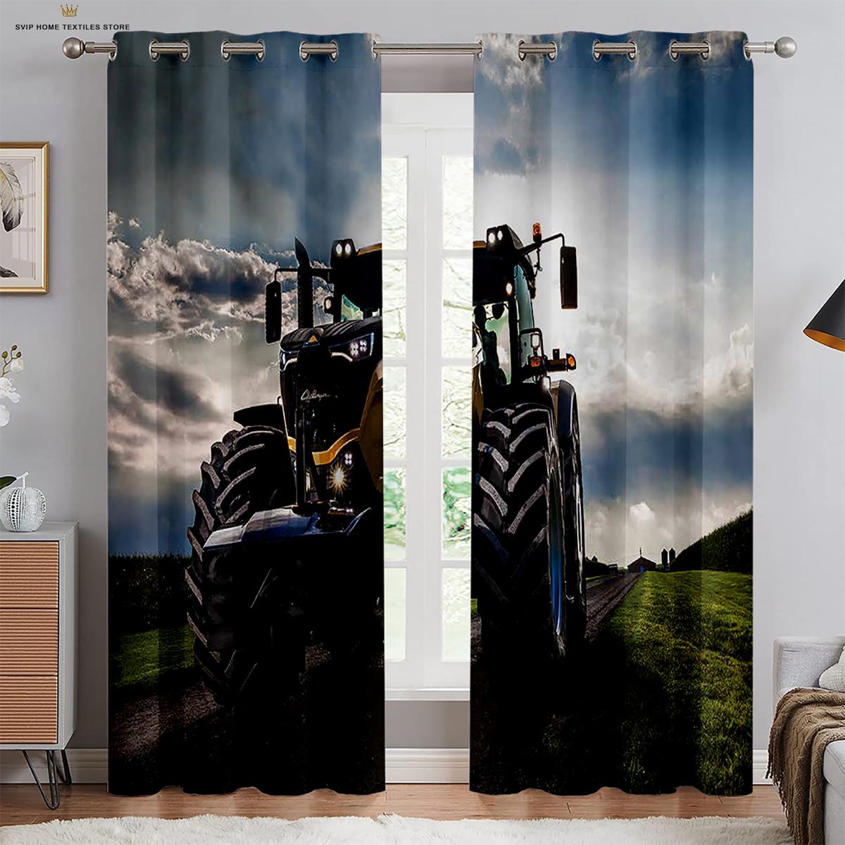 Tractor Maaidorser Zonnebloem Gordijnen, Pastorale Stijl, 2 Panelen, Woonkamer, Rustruimte, Balkon, Boerderij Decor, Accent Kleur W50X130H(CM)X2PCS&Grommet Top