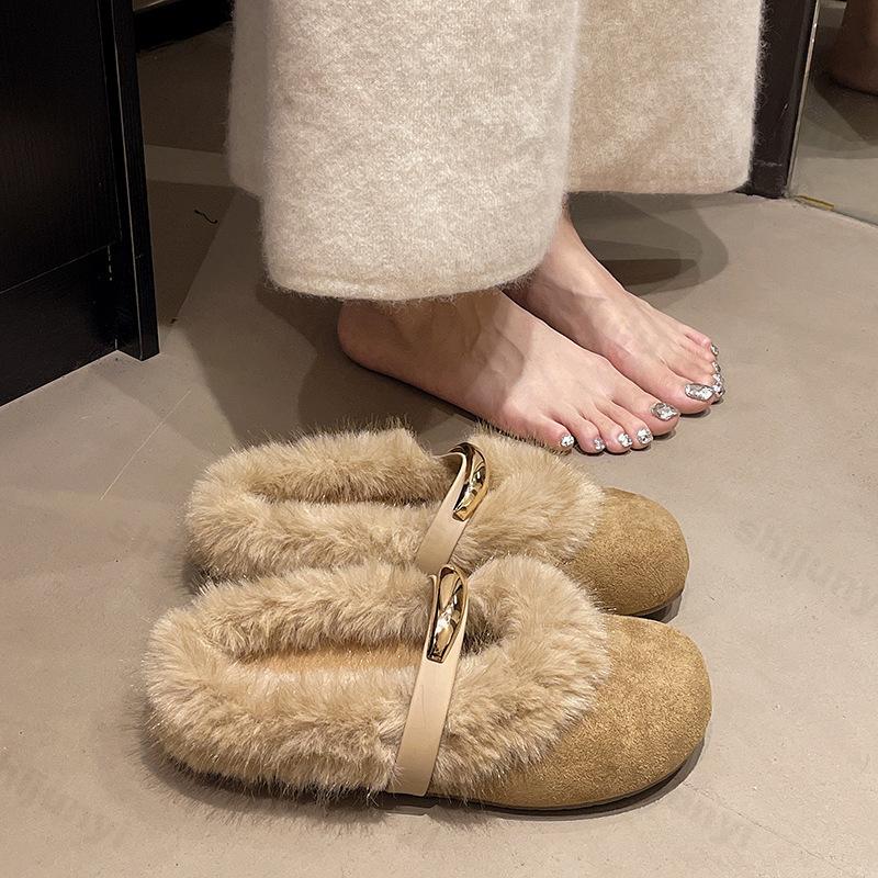 Luxury Women Cotton Slippers Autumn Winter Thicken Plush Non Slip Mary Jane Shoes Fashion Metal Decoration Comfort Casual Shoes