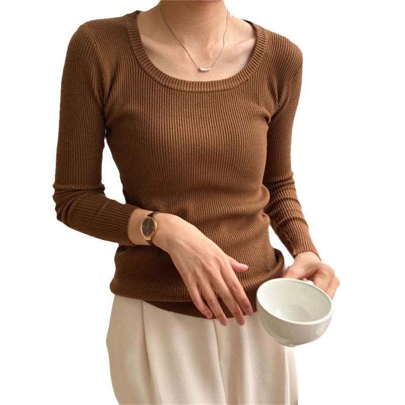 Autumn and winter new simple and versatile knitted bottoming shirt women's soft waxy temperament slim-fitting round neck pullover sweater inner