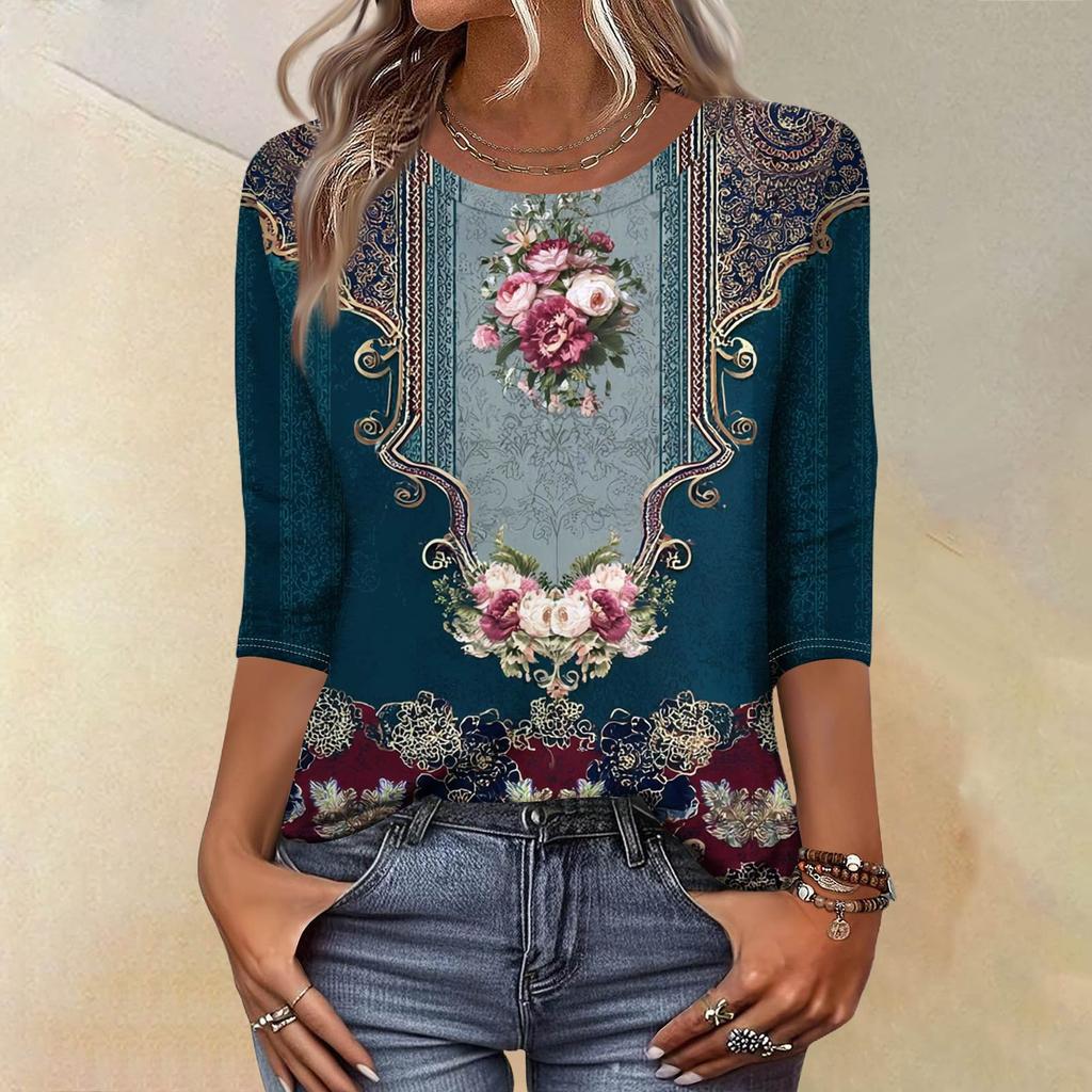 Trendy Vintage 3/4 Sleeve Top For Women,Ladies Casual Three Quarter Sleeve Round Collar Printed T-Shirt Blouse