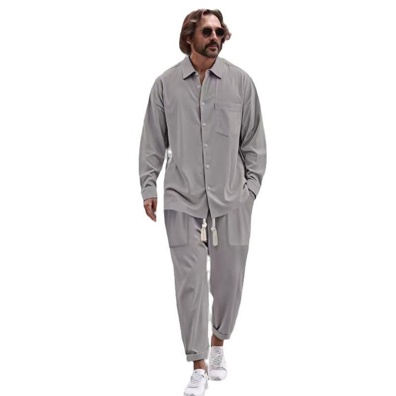 Herr Vår/Höst Bomull Linne Casual Tvådelat Set: Skjorta & Långbyxor.