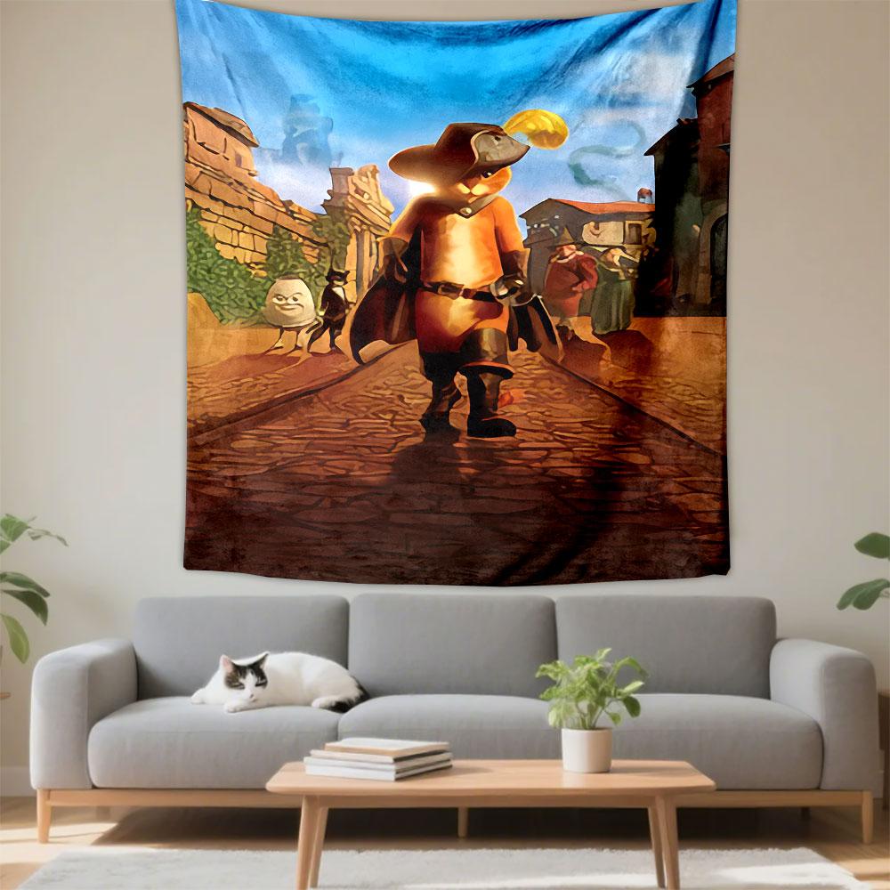 Puss in Boots Tapestry Wall Hanging, DreamWorks Swashbuckling Cat Character Art, Fun Cartoon Wall Decor for Kids Bedroom Game Room