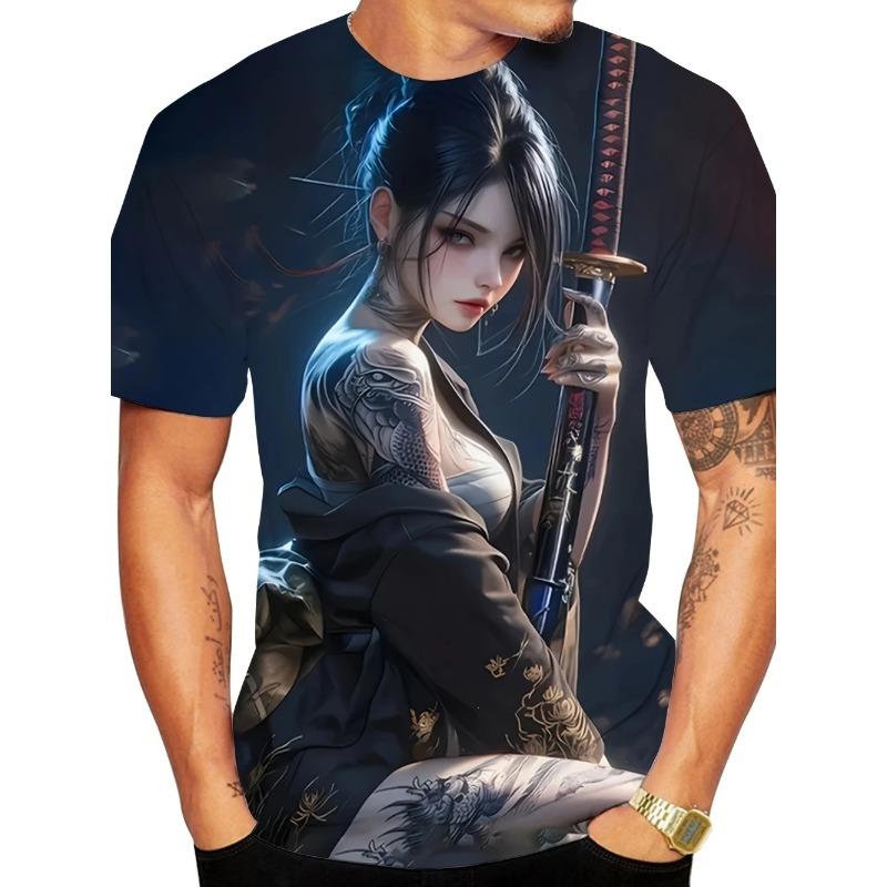 Men's 3D Printed T-shirt Japanese Folk Beautiful Women Hip-hop Style Breathable Light Crew Neck Top Unisex Casual Summer Style