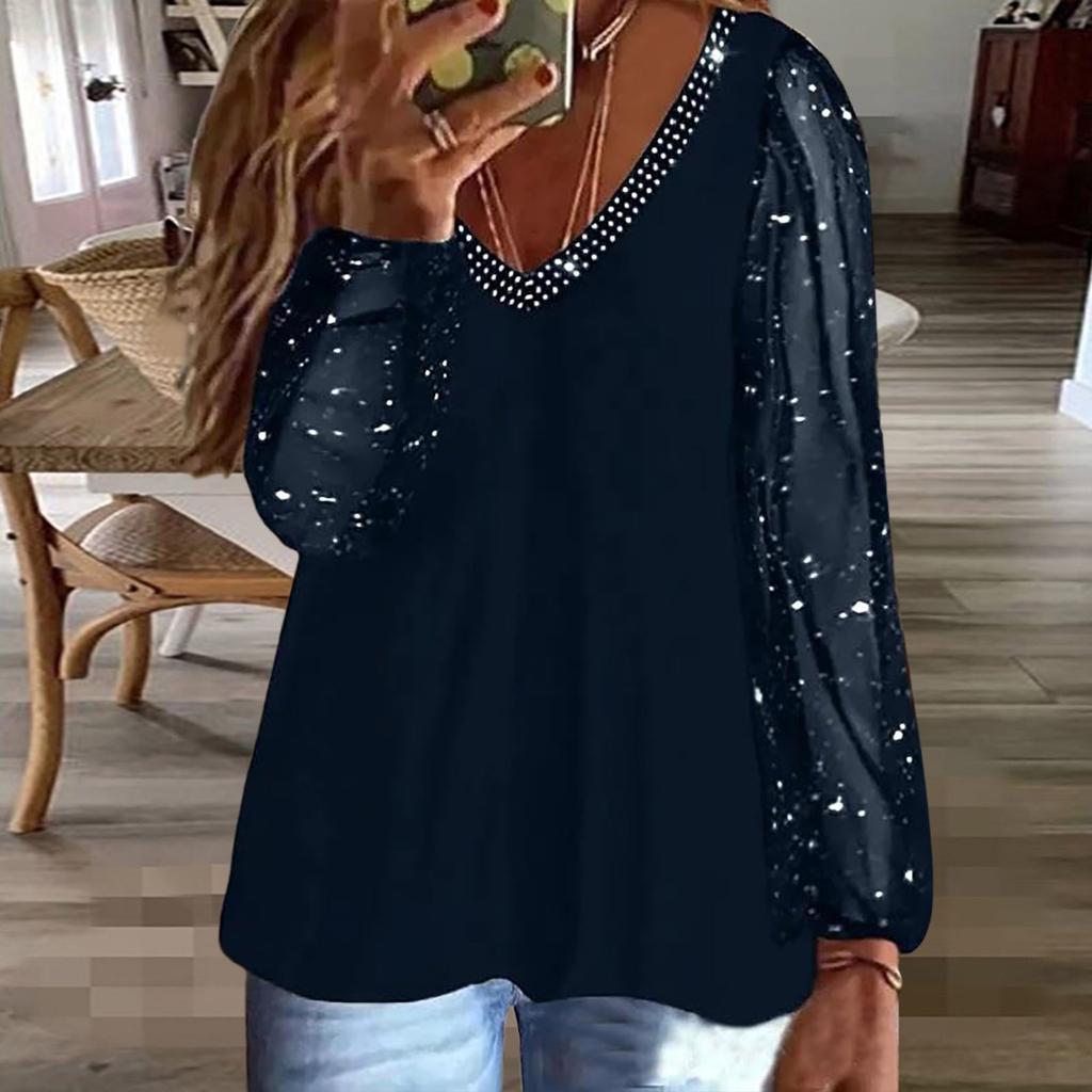 2024 New Rhinestone V-Neck Blouse Plus Size Casual Tops Fashion Sequin Glitter Mesh Long Sleeve Shirts & Blouses Loose Blusas