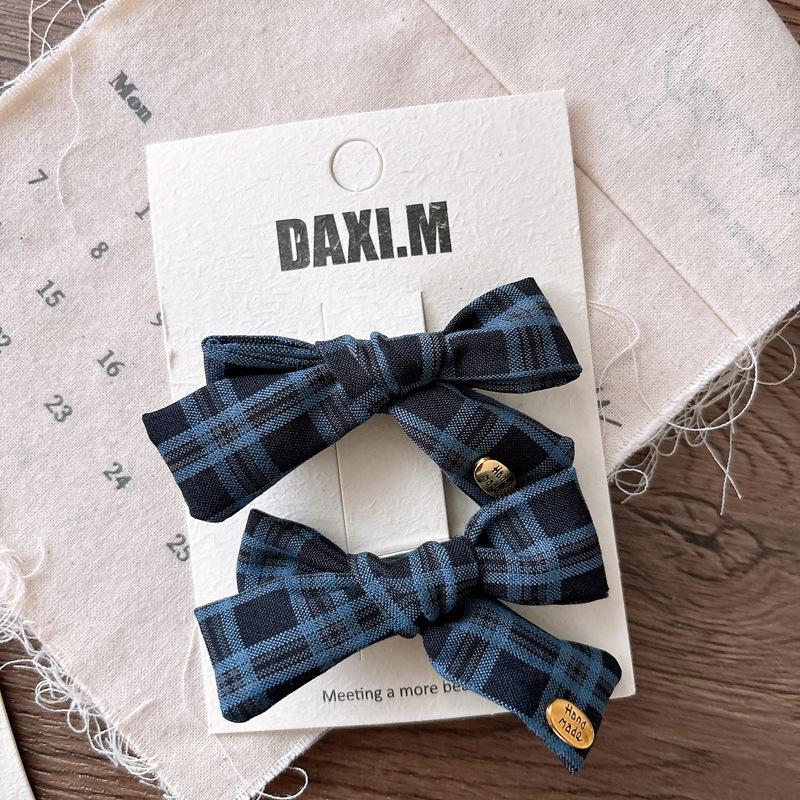 High Quality Korean Sweet Academic Hair Clip Navy Plaid Bow BB Clip for Girls Versatile Side Clamp with Polka Dots