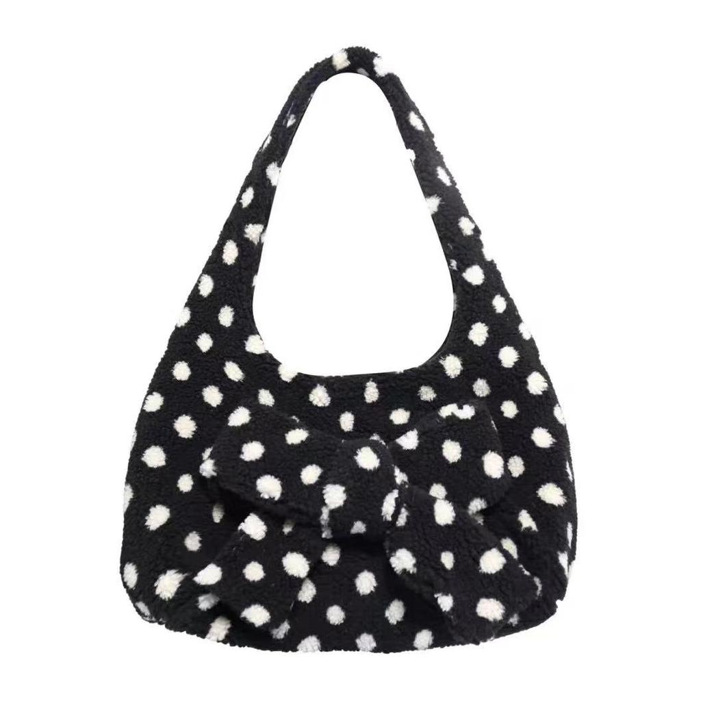 Fashion Polka Dot Hobo Bag Creative Bow Design Shoulder Bag Soft Plush Crossbody Bag Women Winter Large Capacity Commute Handbag