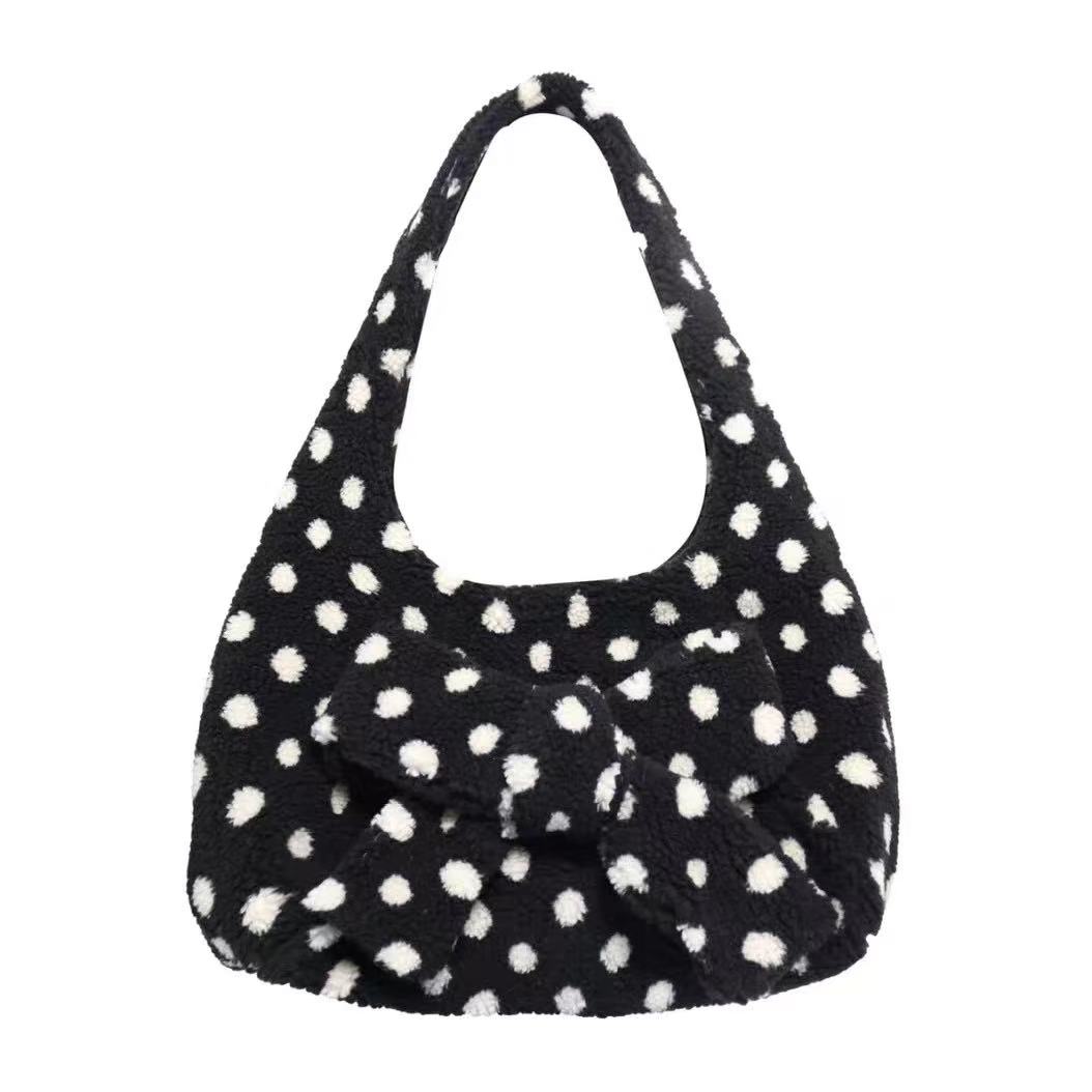 

Fashion Polka Dot Hobo Bag Creative Bow Design Shoulder Bag Soft Plush Crossbody Bag Women Winter Large Capacity Commute Handbag 40x30cm чорний