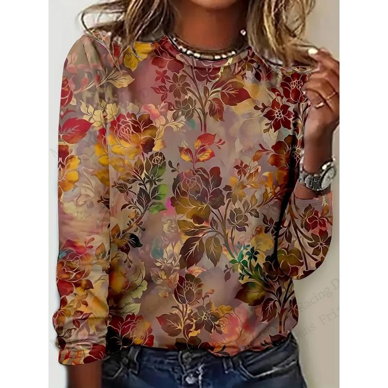 Bright Vibrant Flower 3d Graphic Print T-Shirt Women Fashion Casual Oversized Long Sleeve T-shirt Women Clothes Blossom Tops Tee
