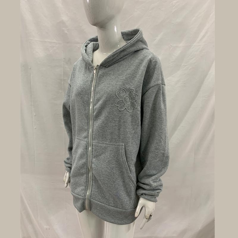 Y2K retro trend düz renk günlük bol kapüşonlu fermuarlı sweatshirt