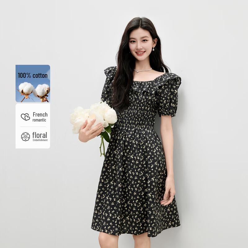 Elegant Retro Puff Sleeve Mid-Length Dress S