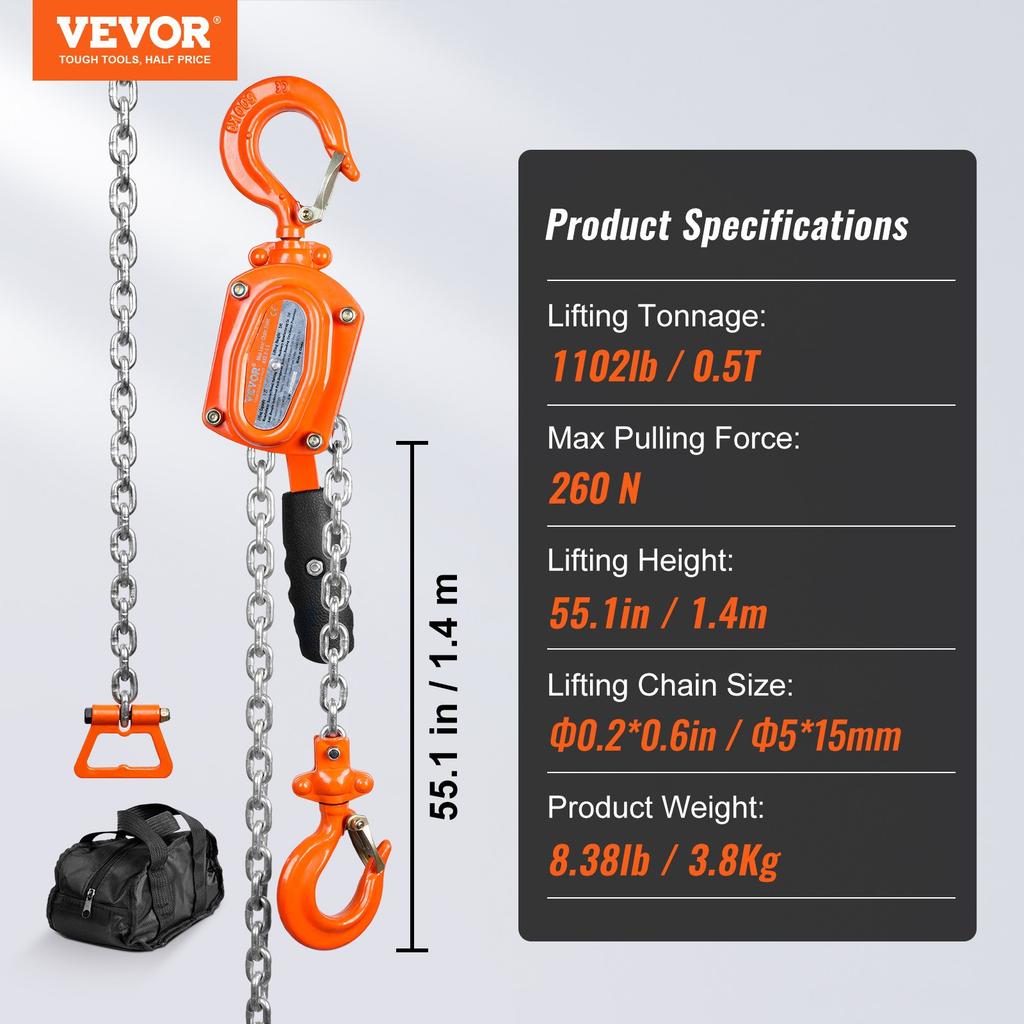 VEVOR Manual Lever Chain Hoist, 1/2 Ton 499.5 Kg Capacity 1.5m Come Along, G80 Galvanized Carbon Steel with Weston Double-Pawl Brake
