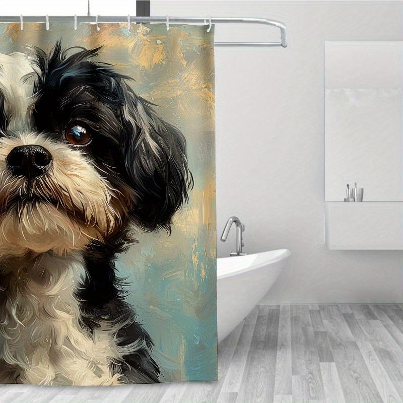 1 szt. Zasłona prysznicowa z obrazem olejnym „Pies” – czarno-biały portret, turkusowe tło, poliester, pranie ręczne, letnia dekoracja łazienki