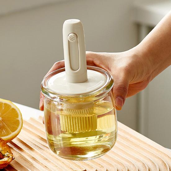 Bottiglia Olio in Vetro con Pennello in Silicone Integrato Pentola Olio Barattolo Aceto Riempimento Facile Bocca Larga Dispenser Olio per Barbecue Frittura Cottura al Forno Cottura