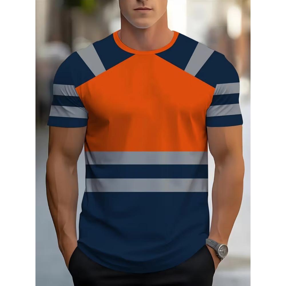 Men's 3D Printed New Safety Sign Color-Block Design Short Sleeve Fashionable Summer Casual