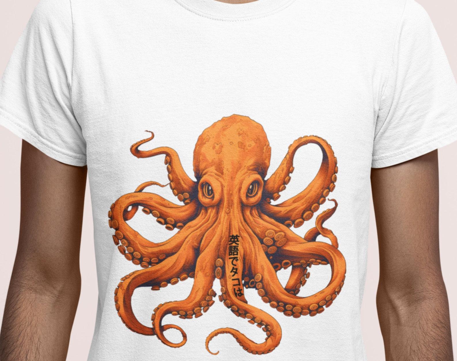 Orange Octopus T-Shirt: Japanese Kanji Marine Life Tee S
