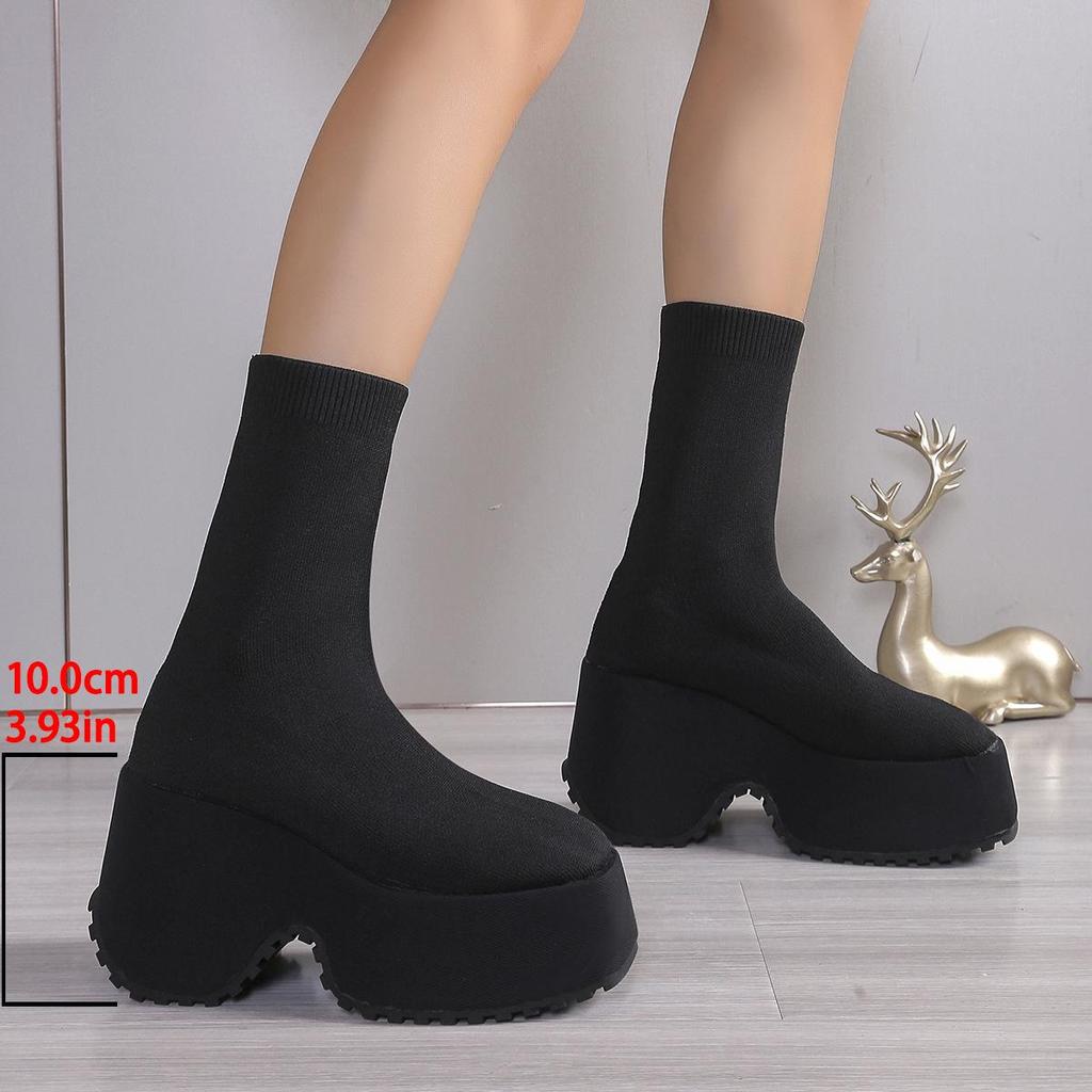 Herbst 2025 Strick Elastische Slip-On Stiefel mit klobigem Absatz für Damen in Übergröße