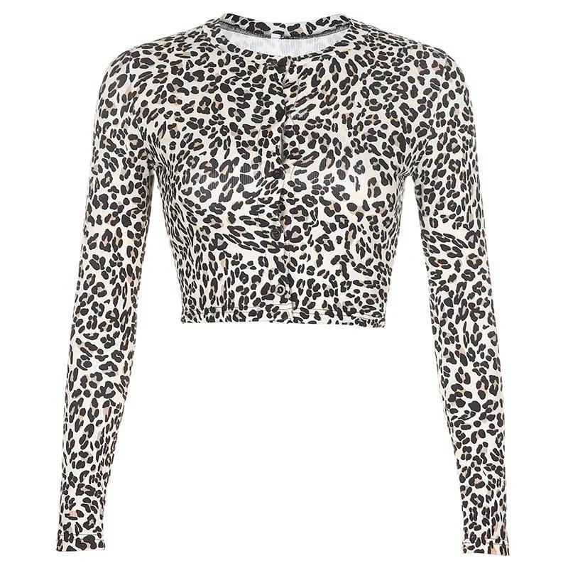 Autumn Women Leopard Print Long Sleeve T-shirt  Sexy Crop Top Streetwear Women Clothes