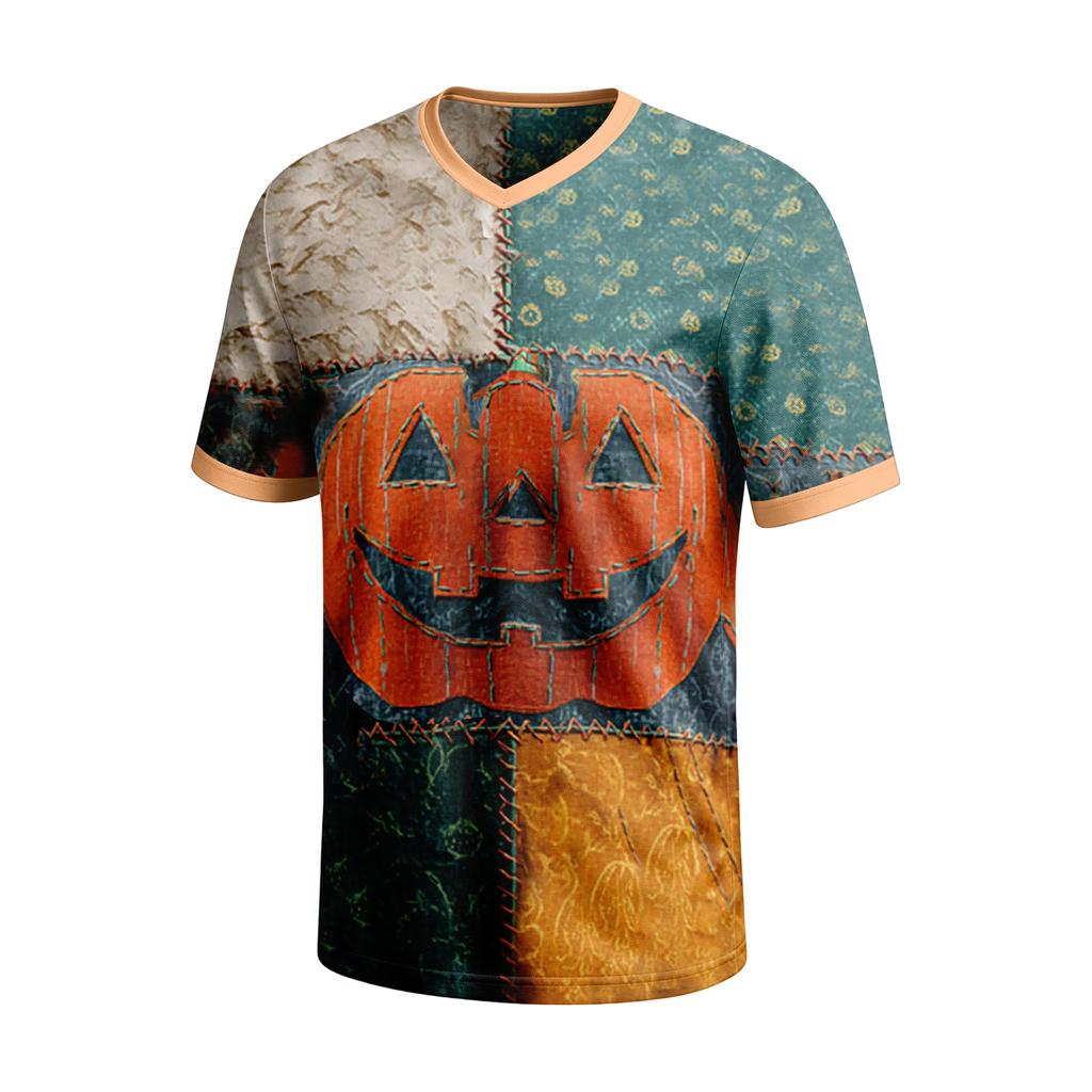 Men's Short Sleeve V-Neck T-Shirt with Halloween Print for Casual Daily Wear