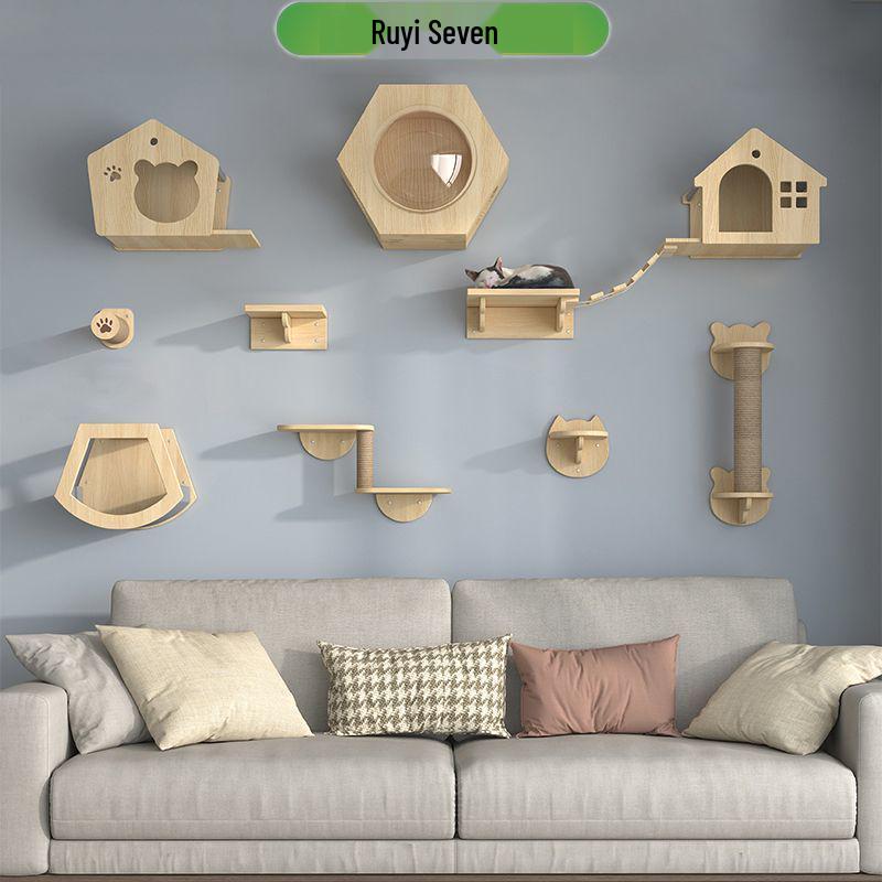 Wall-Mounted Solid Wood Cat Climbing Frame with Bed, Jumping Platform, and Scratching Post