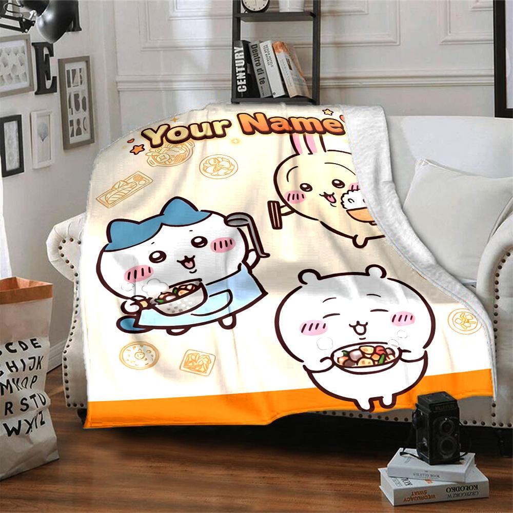 1pc Chiikawa Blanket with Custom Name, Gift, for Men and Women, Soft Blanket, Good for Sofa Bed Couch Travel, Lightweight Flannel Blanket