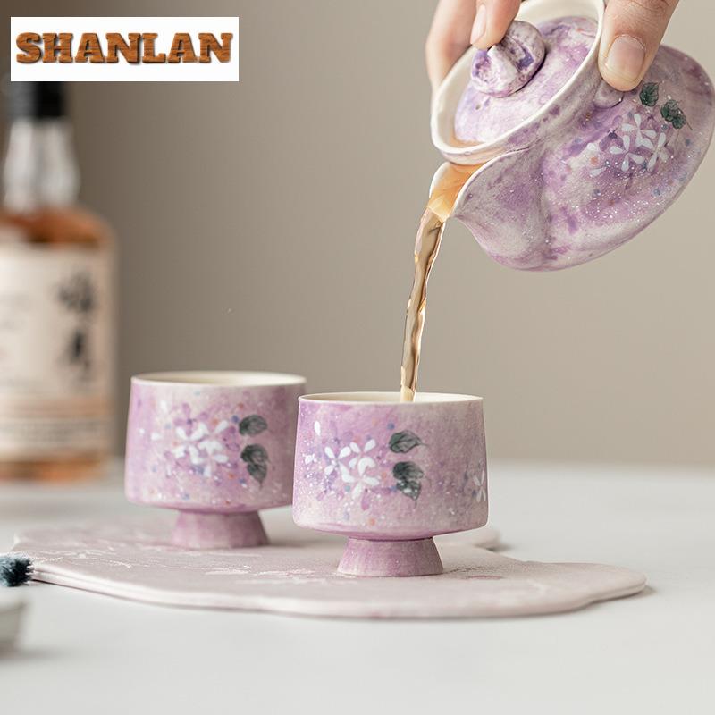 2pc/lot Hand-painted Hydrangea Purple Scales High Foot Teacup Tea Bowl Mug Tea-tasting Fragrance Cup Chazhan Master Cups 60ml