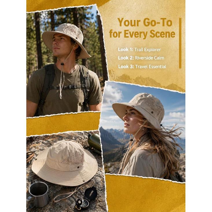 Women's Sun Hat Wide Brim Bucket Hat for Outdoor Breathable Mesh Ponytail Hole Adjustable Foldable UPF 50+ Windproof