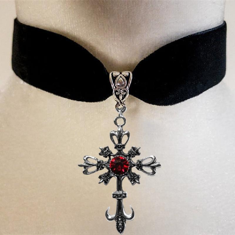 Temperament Gothic Inlaid Red Zircon Anchor Cross Pendant Velvet Necklace for Women Halloween Party Personality Collar Jewelry