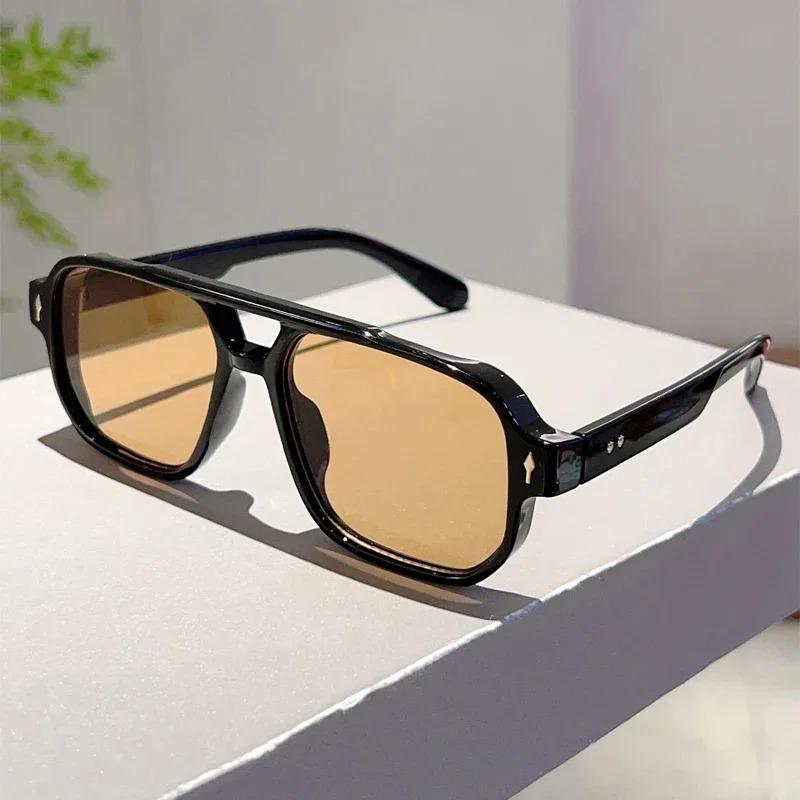 Vintage Double Bridges Men Square Sunglasses Fashion Green Ocean Lens UV400 Eyewear Women Trending Rivets Sun Glasses