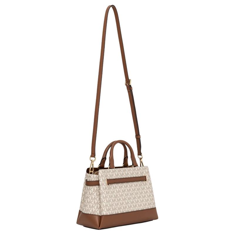 Michael Kors Logo Hardware Firma Tela Rivestita Ecopelle Borsa a Mano Piccola da Donna Vaniglia