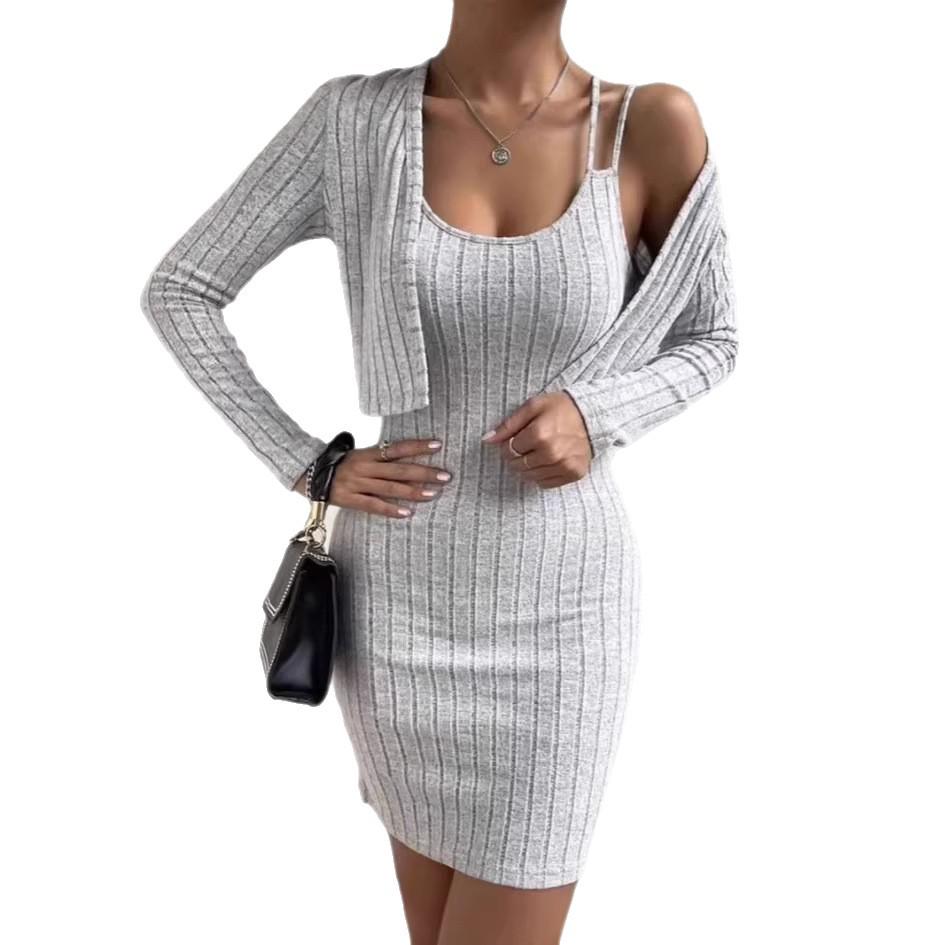 

2026 Women s Fashion Set: Camisole, Hip-Hugging Skirt & Long-Sleeved Jacket M светло-серый