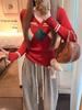 Women's Slim Fit Red Knit Base Layer Top, Korean Style, New Year Edition, Ideal for Spring & Autumn.