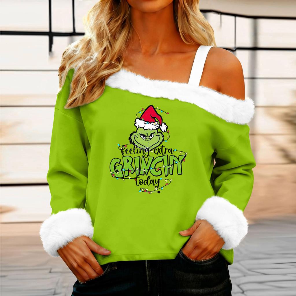 Women's Casual Fashion Sexy Off-Shoulder Collar Christmas Pattern Long Sleeve Crewneck T-Shirt Top