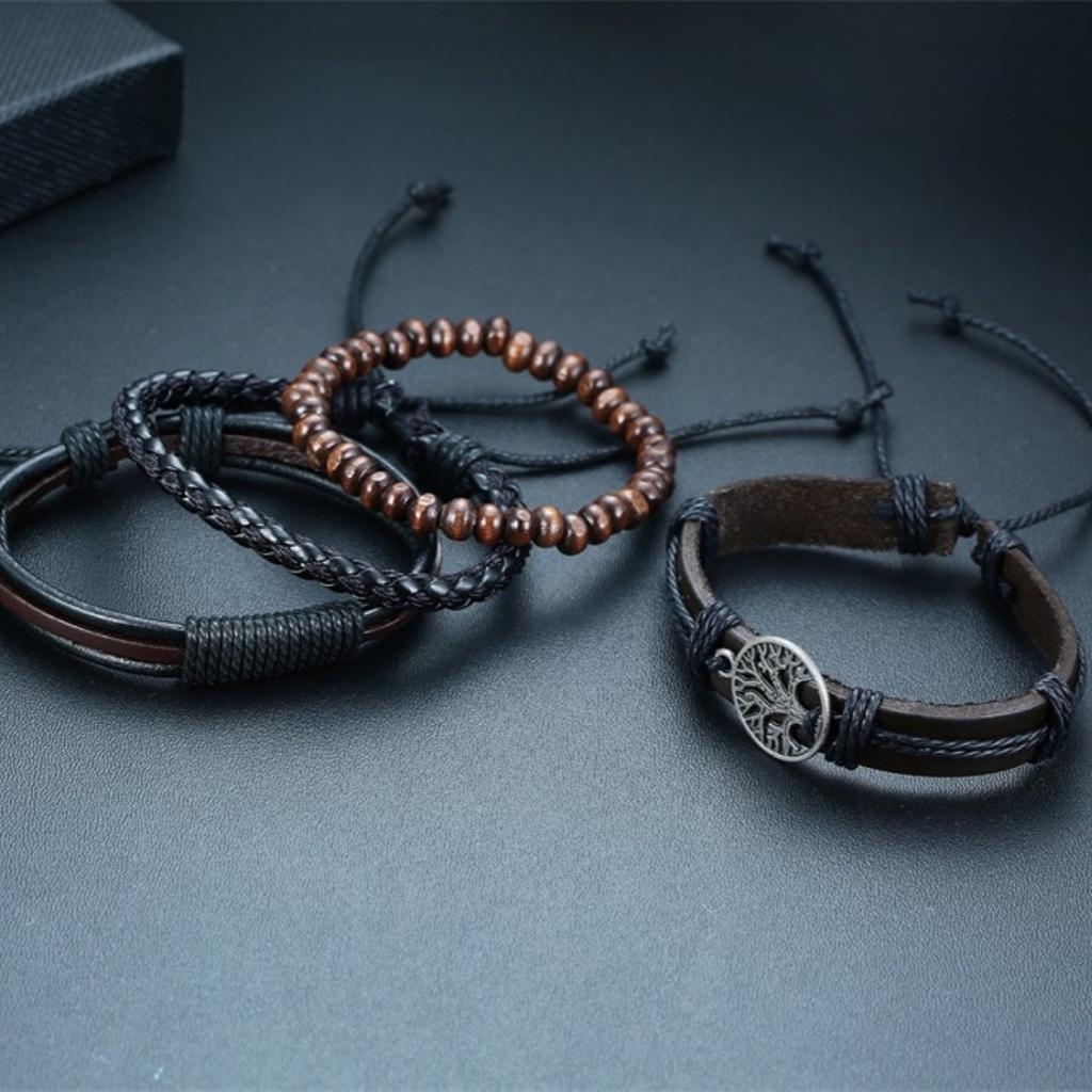 4pcs Braided Leather Bracelets For Men Vintage Life Tree Charm Wood Beads Ethnic Wristband Gift For Dad Boyfriend