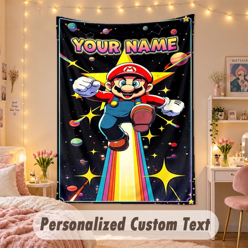 Custom Personalized Tapestry,Super Mario Print Custom Name Text Wall Art Hanging for Bedroom